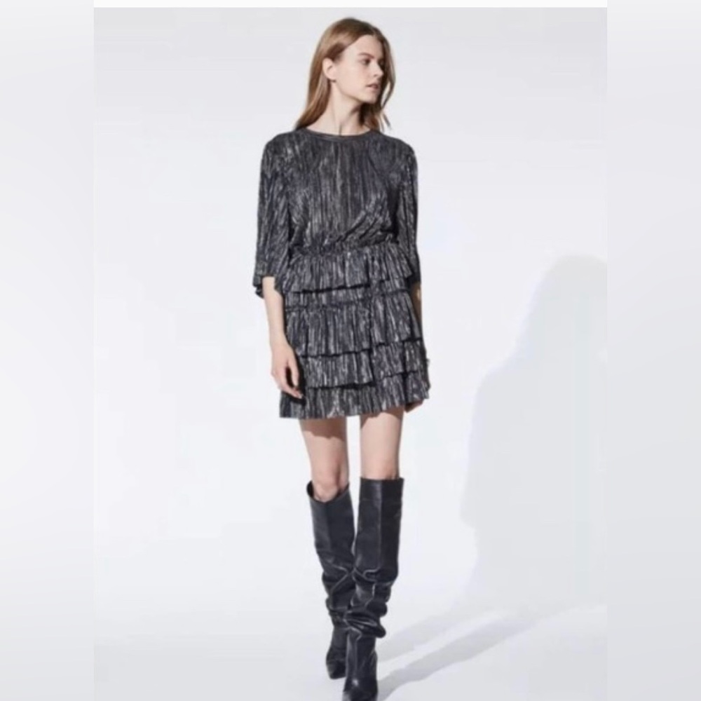 Iro Cuzco Pleated Black and Gold Holiday Party Metallic Minidress size 38.